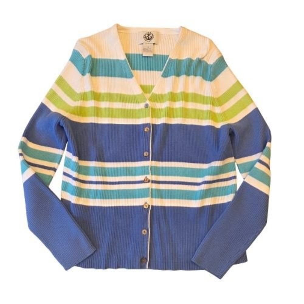 Natural Instincts S‎ 100% Cotton Coastal Striped Ribbed Button Cardigan Womens